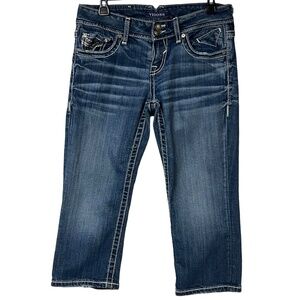 Vigoss Capri Jeans‎ 5 Blue Distressed Embroidered Pockets Faded USA Logo Casual